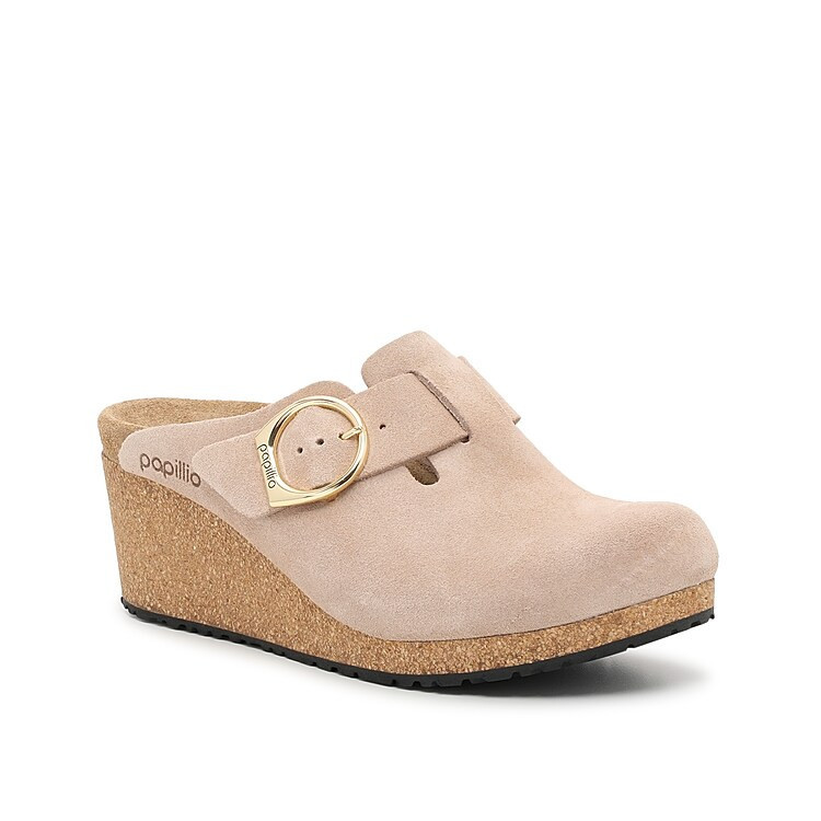 Birkenstock Papillio by Birkenstock Fanny Wedge Clog | Women's | Beige Suede | Size EU 42 / US 10.5-11 | Clogs | Wedge | DSW