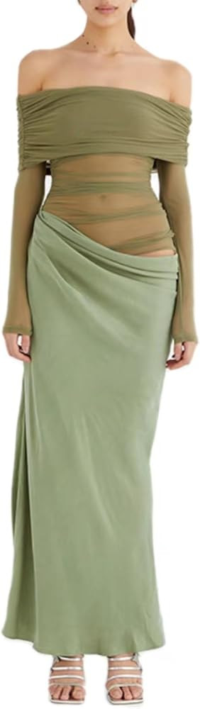 Semi-Sheer Maxi Dress Off Shoulder Long-Sleeve Foot Length One Step Dress Strapless Mesh Shirring... | Amazon (US)