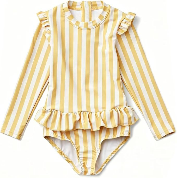 Girls One Piece Swimsuits Zipper Rash Guard Long Sleeve Bathing Suit with Ruffle Hem UPF50+ | Amazon (US)