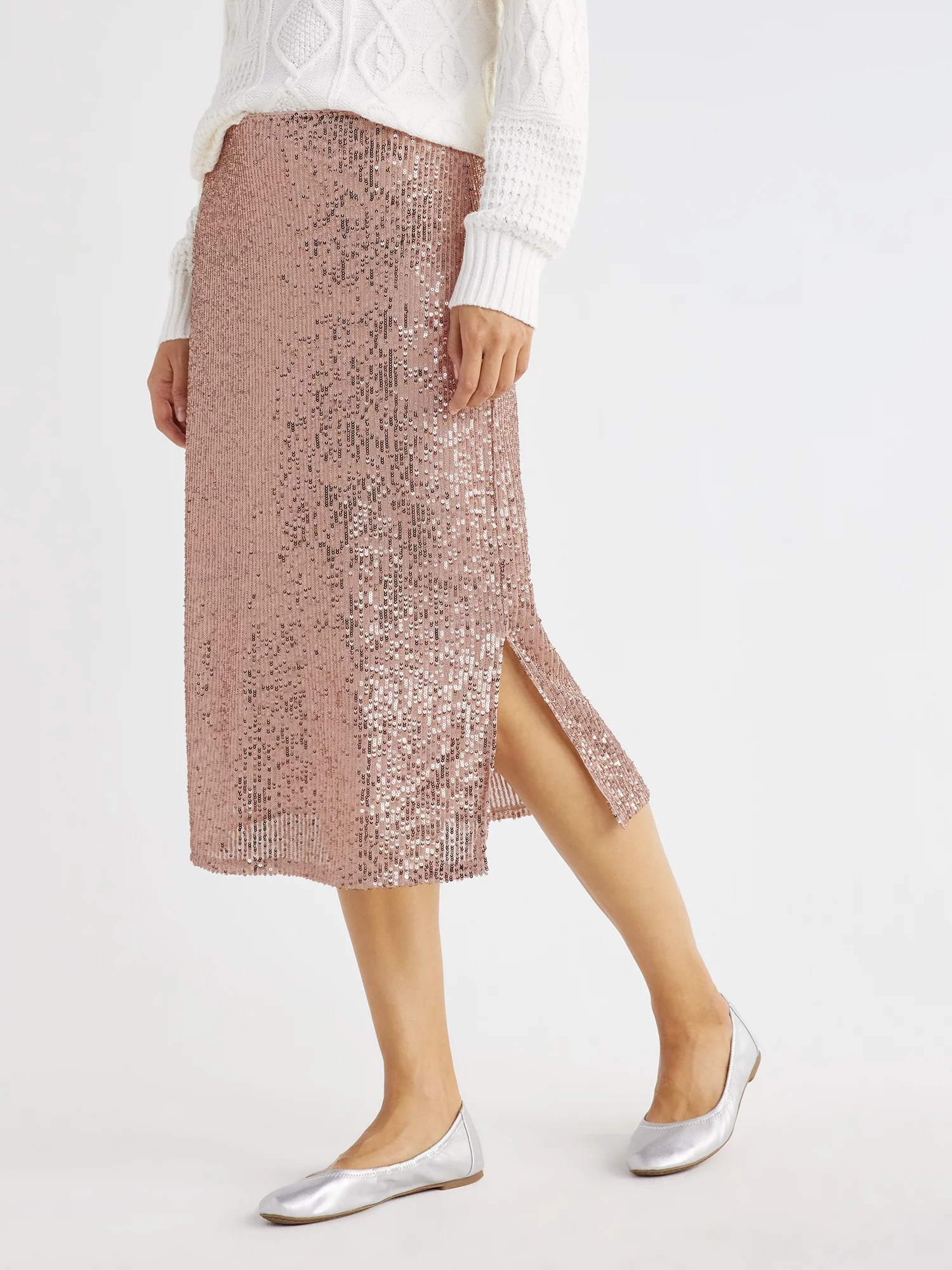 Time and Tru Women's Sequin Pull On Skirt with Side Slit, Sizes XS-XXXL | Walmart (US)