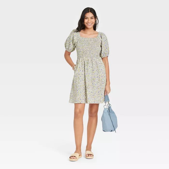 Women's Floral Print Puff Short Sleeve Smocked Dress - Universal Thread™ Blue | Target