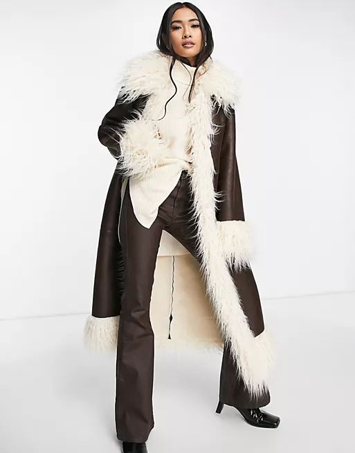 Topshop faux suede & fur trim long coat in brown | ASOS (Global)