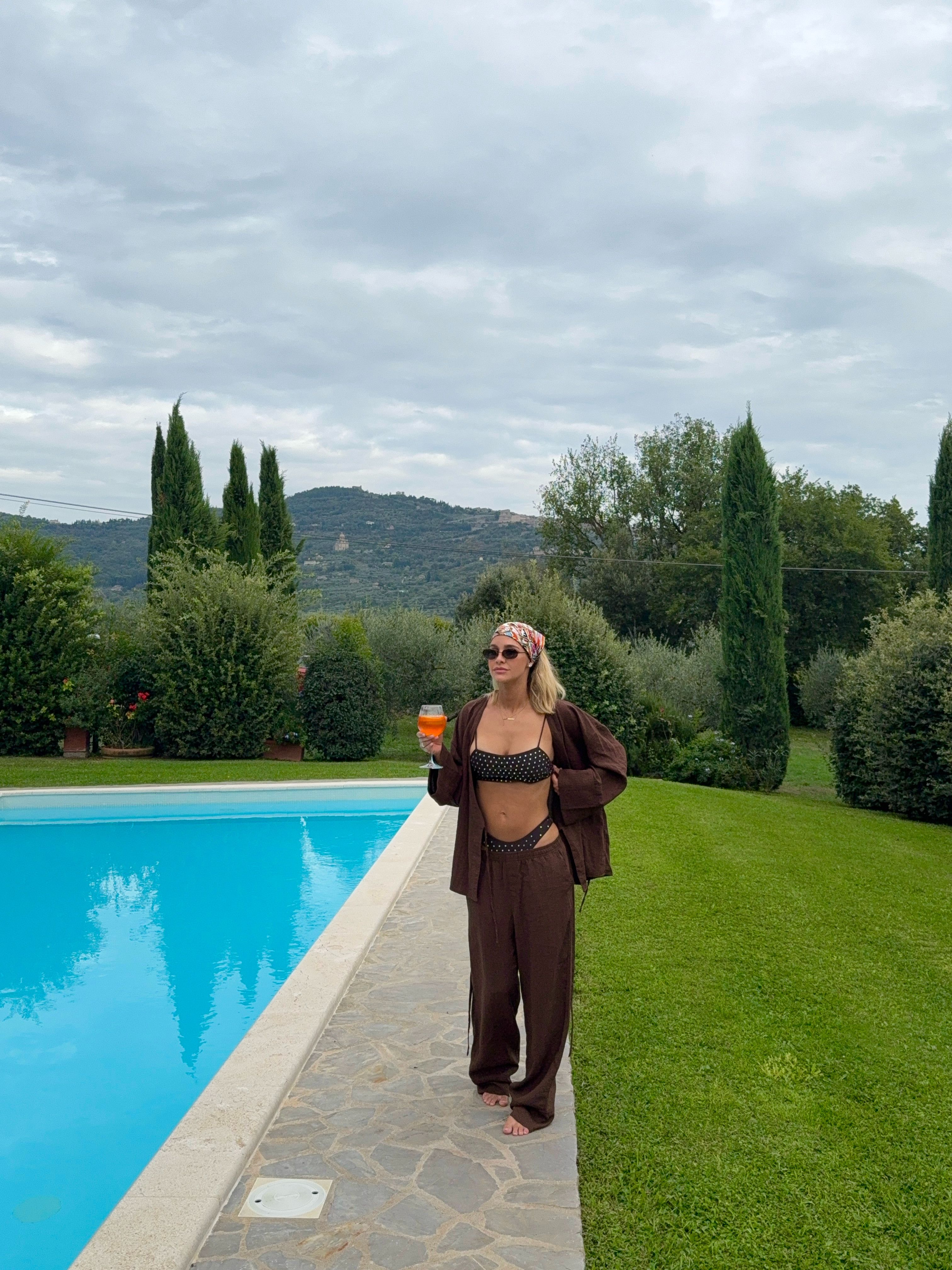 Outfit idea, pool day, co-ord, brown shirt, polka dot bikini, holiday, end of summer fit  

 #LTKuk #LTKeurope #LTKswimwear