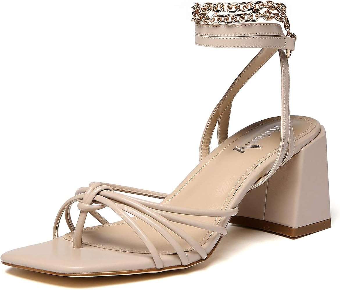 vivianly Womens Square Toe Chain Ankle Strap Chunky Heel Sandals Dress Shoes | Amazon (US)
