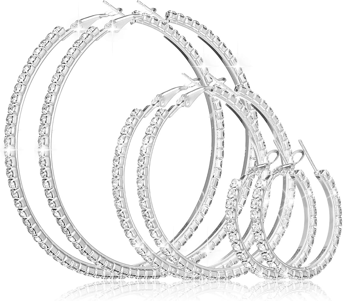 3 Pairs Rhinestone Hoop Earrings Set, 3/5/7 cm Shiny Round Party Lightweight Rhinestone Sparkly H... | Amazon (US)