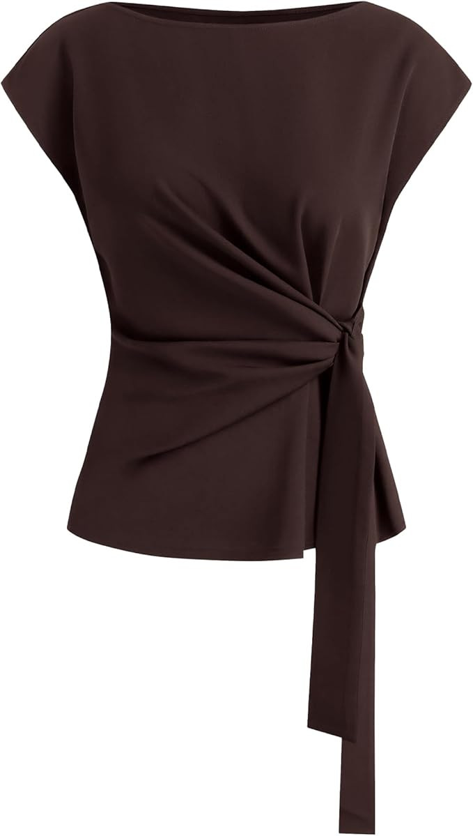 BTFBM Womens Tops Summer 2026 Cap Sleeve Crew Neck Tie Waist Blouses Dressy Casual Business Work ... | Amazon (US)