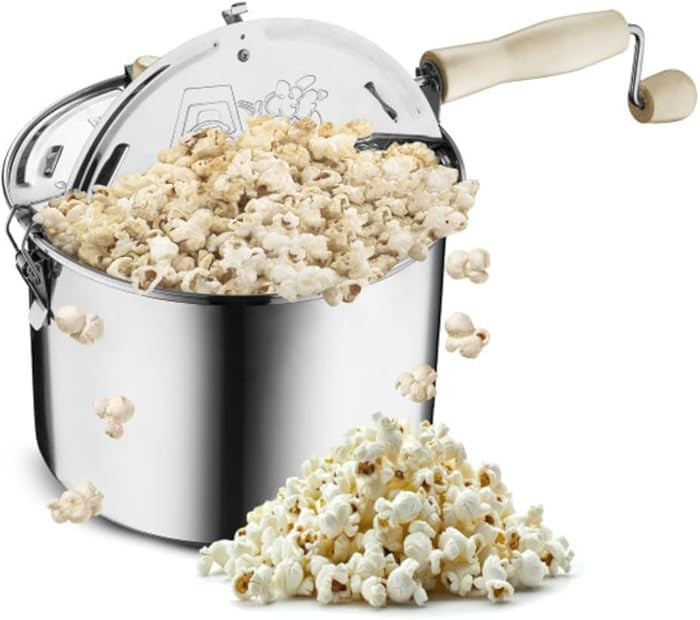 Stovetop Popcorn Maker - 6.5-Quart Stainless-Steel Popcorn Popper with a Hand Crank, Vented Lid, ... | Amazon (US)