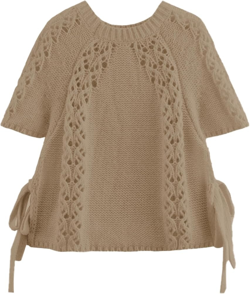 Knitted Tops Short Sleeve Sweater for Women Lace Up Crew Neck Crochet Tops Hollow Out Pullover Sh... | Amazon (US)