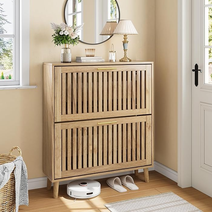 Shoe Storage Cabinet with 2 Flip Slatted Drawers, Narrow Freestanding Shoe Cabinet with Gold Hand... | Amazon (US)