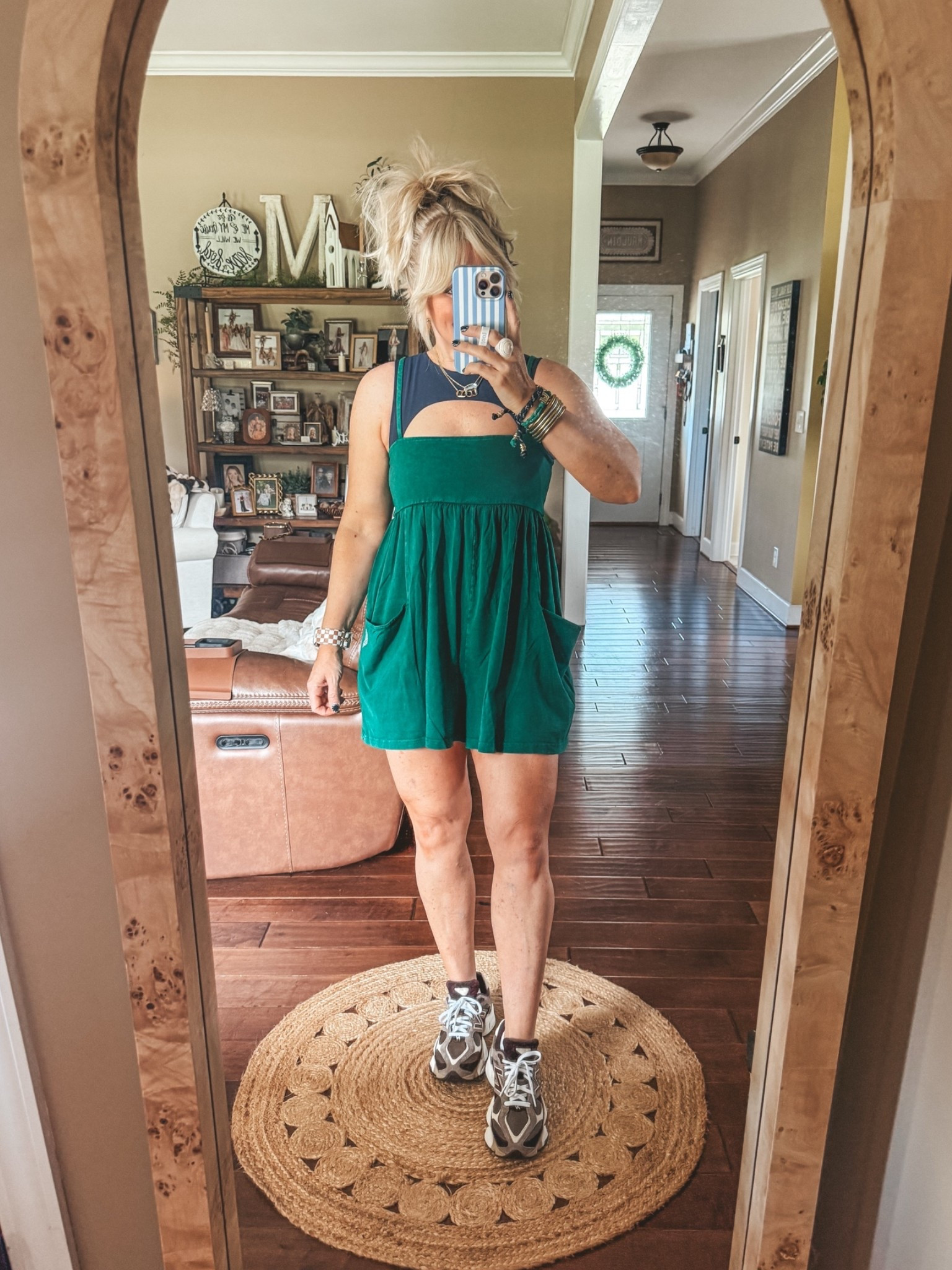 This romper is so cute and love this bra underneath! I’m wearing a medium in both. 
Sneaks run true to size.

#LTKgrwm #LTKootd #LTKOver40