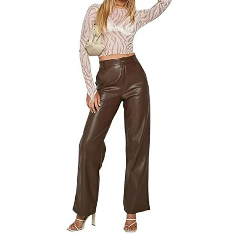 Rteyno Women Faux Leather Pants High Waist Straight Wide Leg Leggings Slim Fit Trousers Streetwea... | Walmart (US)