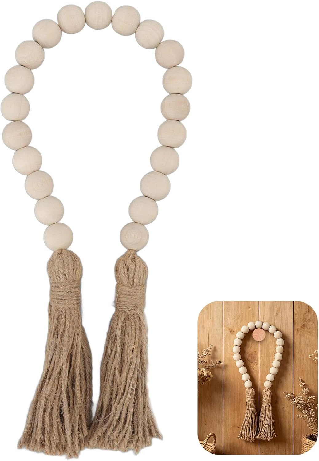 Farmhouse Beads 24in Wood Bead Garland with Tassels Rustic Country Decor Prayer Wall Hanging Bead Decoration for Gifts Ornamen | Amazon (US)