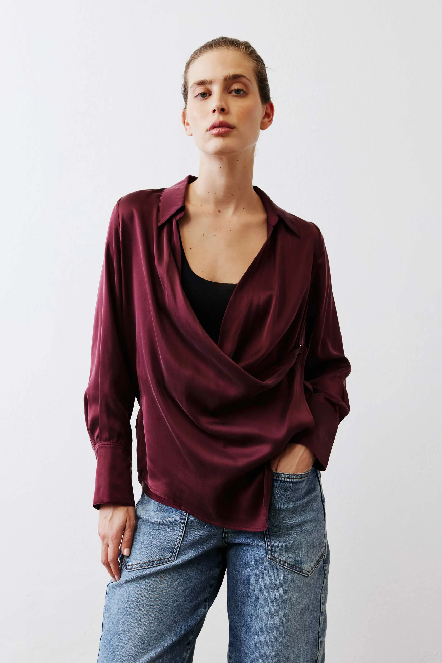 Collared Wrap Washable Silk Blouse | Ruti