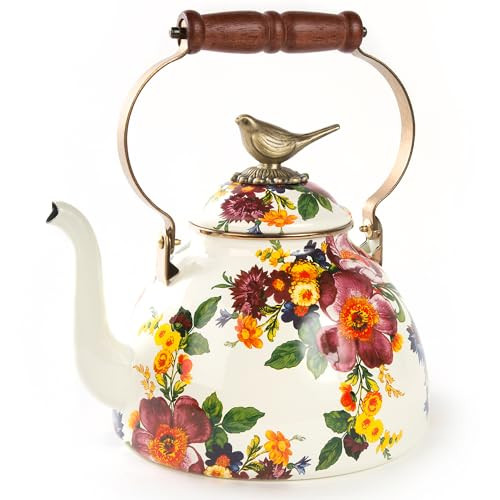 MACKENZIE-CHILDS Enamel Tea Kettle, Cute Kitchen Kettle for Stovetop, 3-Quart Capacity, White Flower Market with Bird Topper | Amazon (US)