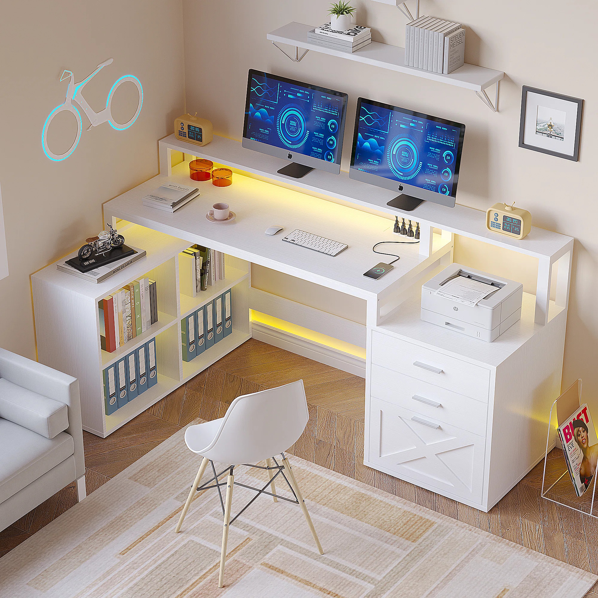 Ravleen 66'' W L-Shaped Computer Desk with Cube Shelves and Cabinet | Wayfair North America