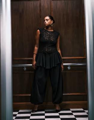 ASOS DESIGN Curve balloon pants with skirt overlay detail in black | ASOS (Global)