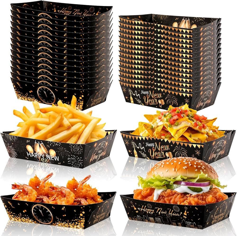 HOWAF 24pcs Happy New Year Party Supplies Food Trays Black and Gold New Year Eve Disposable Trays... | Amazon (US)
