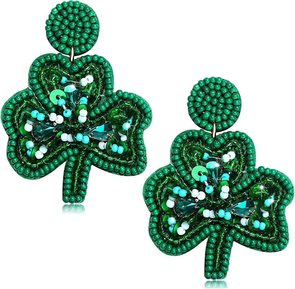 St. Patrick's Day Earrings Beaded Green Leaf Earring for Women Handmade Lucky Shamrock Hat Drop D... | Amazon (US)