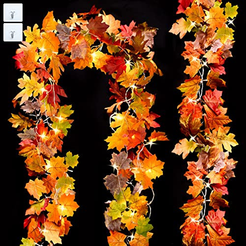 Ouddy Decor 2 Pack Fall Garland with Lights Decorations Maple Leaves Mixed Color Fall Lights Total 20 Ft 60 Led Battery Operated for Indoor Outdoor Autumn Harvest Thanksgiving Mantle Home Decor | Amazon (US)