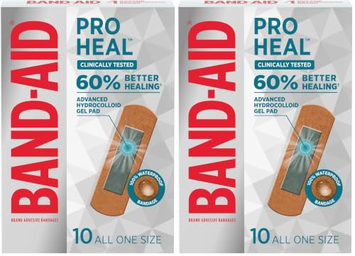 BAND-AID Brand Pro Heal Adhesive Waterproof Bandages, Hydrocolloid Gel Patch for First Aid, Clinically Tested for Better Healing of Minor Blisters and Wounds, One Size, 10 Count (Pack of 2) | Amazon (US)