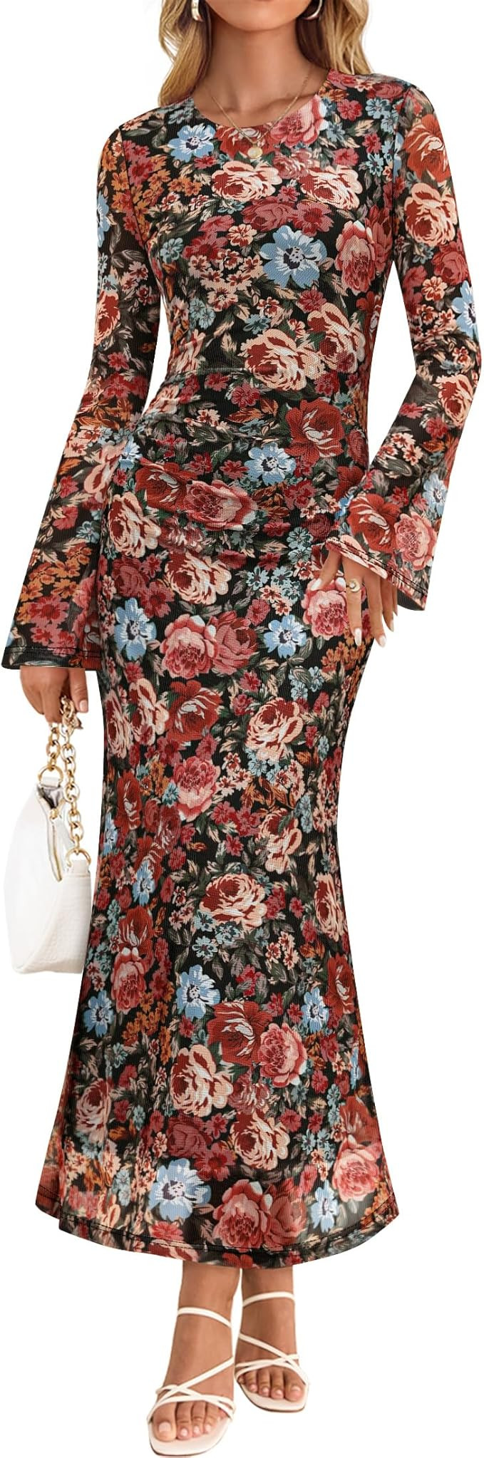 ZESICA Women's Long Sleeve Floral Bodycon Dress 2026 Spring Fall Ruched Mesh Wedding Guest Cockta... | Amazon (US)