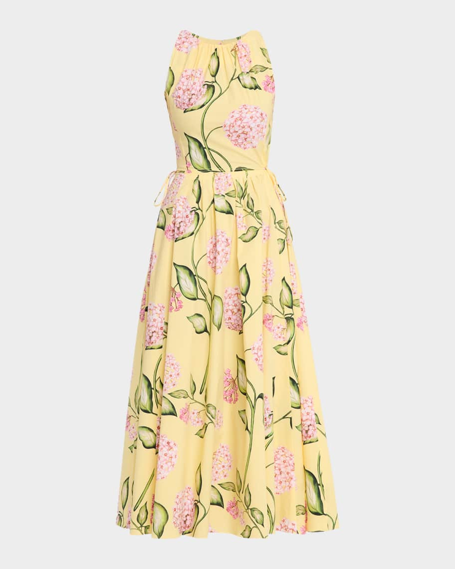Oscar de la Renta Sleeveless Porcelain Flower Waist-Tie Midi Dress | Neiman Marcus