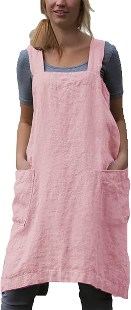 Cotton Linen Apron for women Cross Back Apron Pinafore Dress for Baking Cooking Gardening Work | Amazon (US)
