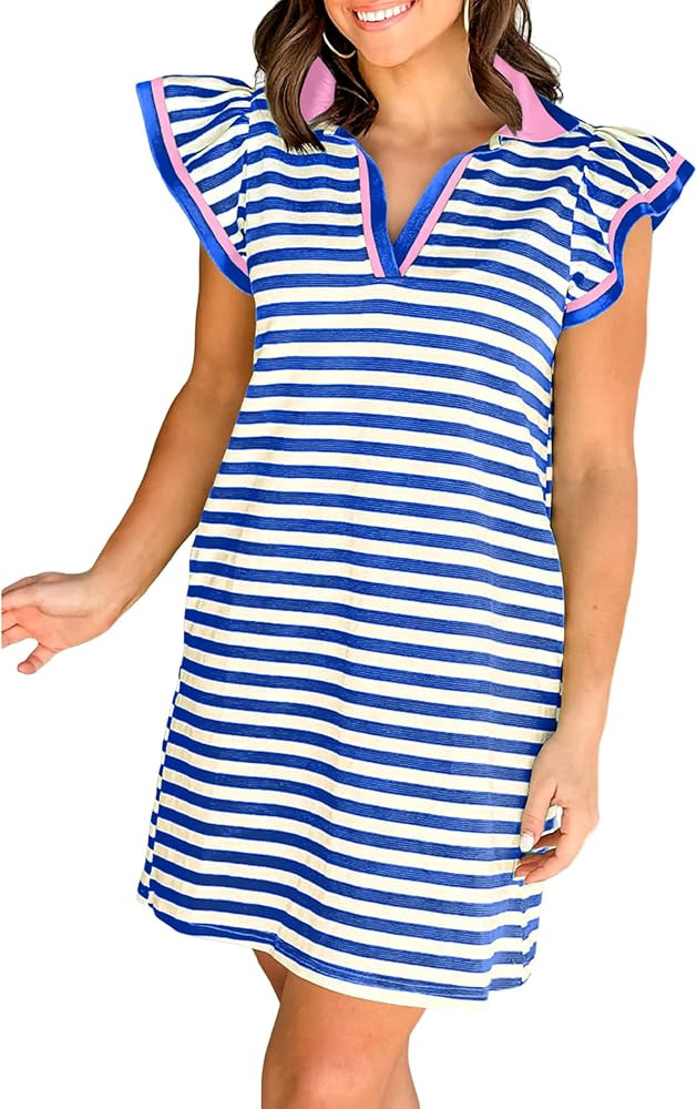SELINK Womens Summer Mini Dresses Casual Striped V Neck Flutter Sleeve Contrast Collar Short T Shirt Dress with Pockets | Amazon (US)