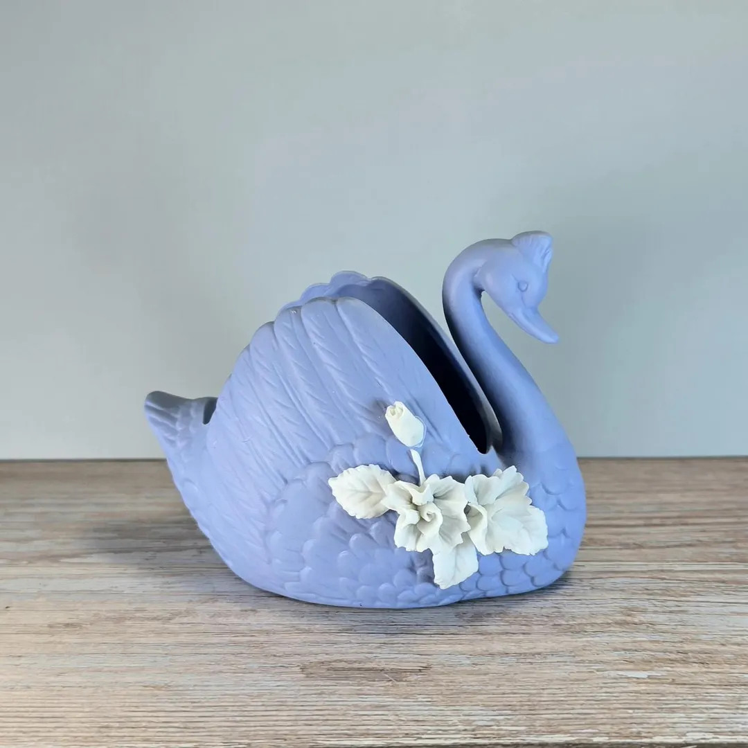 Vintage Blue Bisque Ceramic Swan Planter, Elegant Floral Accent - Etsy | Etsy (US)