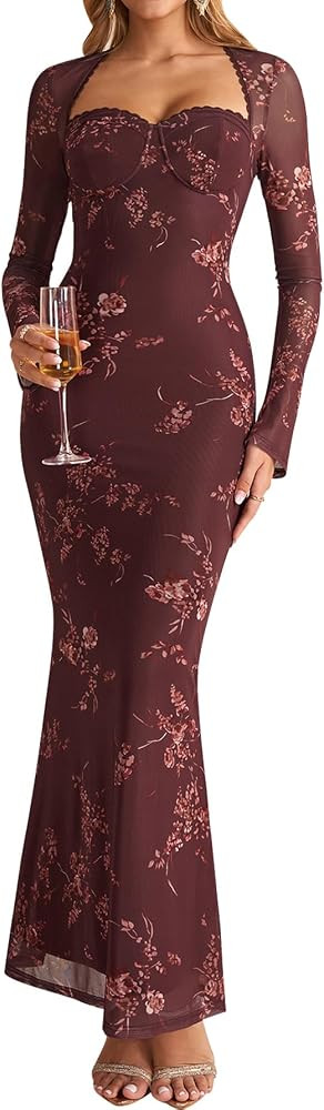 KUTUMAI Fall Long Sleeve Cocktail Formal Wedding Guest Maxi Dress for Women | Amazon (US)