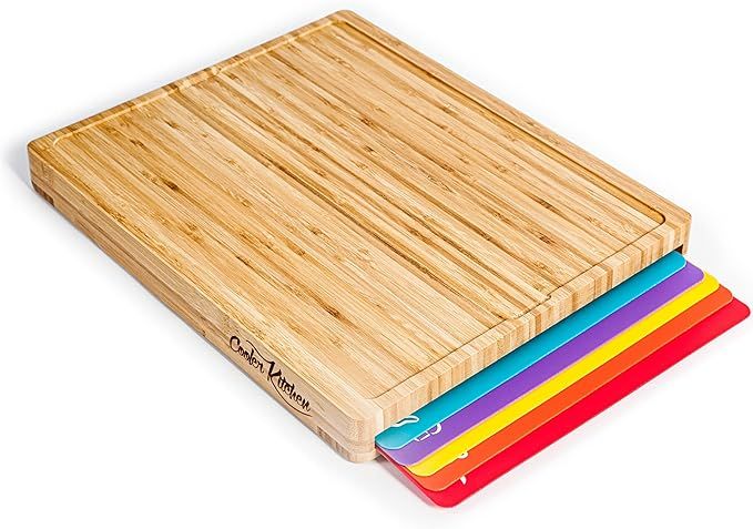 Easy-to-Clean Bamboo Wood Cutting Board Set with 6 Color-Coded Flexible Cutting Mats with Food Ic... | Amazon (US)