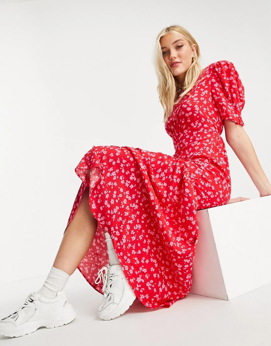 New Look tie back ruched sleeve midi dress in red ditsy floral | ASOS (Global)