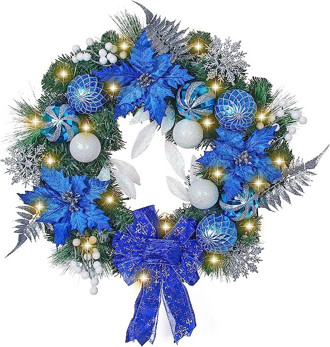 Seegarden Christmas Wreath for Front Door, Pre-Lit 24 Inch Christmas Lighted Wreath, Silver Blue ... | Amazon (US)