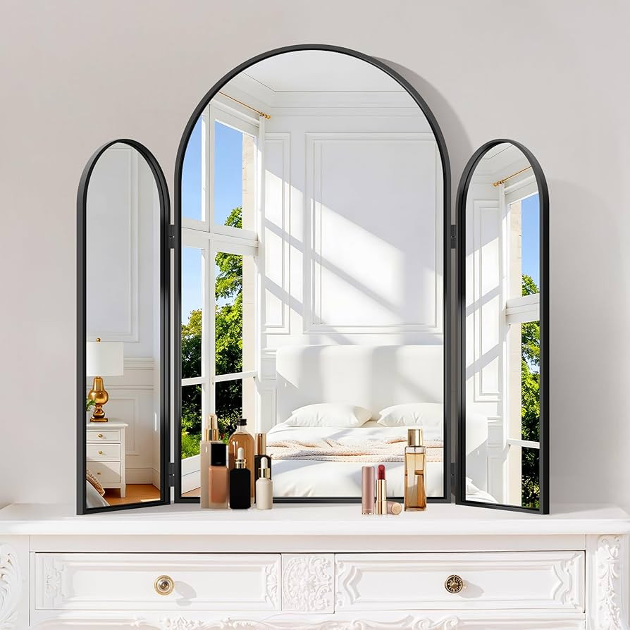 Trifold Vanity Mirror, 30x36Inch Arch Bathroom Vanity Mirrors with Black Metal Frame, Foldable Wa... | Amazon (US)