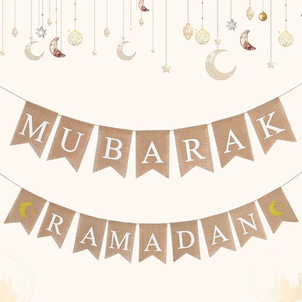 Burlap Ramadan Mubarak Banner Eid Mubarak Ramadan Decorations Set with Moon and Star Muslim Party... | Amazon (UK)