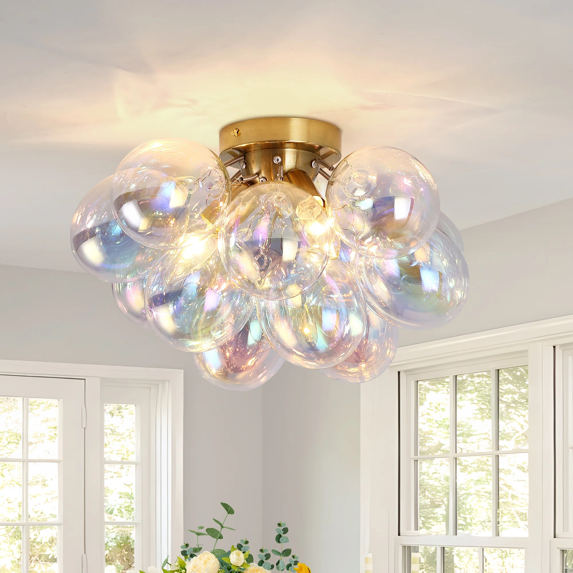Brayden Studio® Frachia 3 - Light Dimmable Semi Flush Mount With 13 Iridescent Glass Globe Bubbl... | Wayfair North America