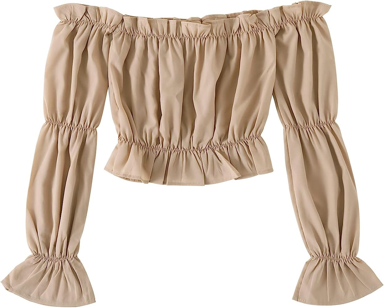 LYANER Women's Off Shoulder Ruffle Trim Puff Long Sleeve Tube Crop Blouse Shirt Top | Amazon (US)