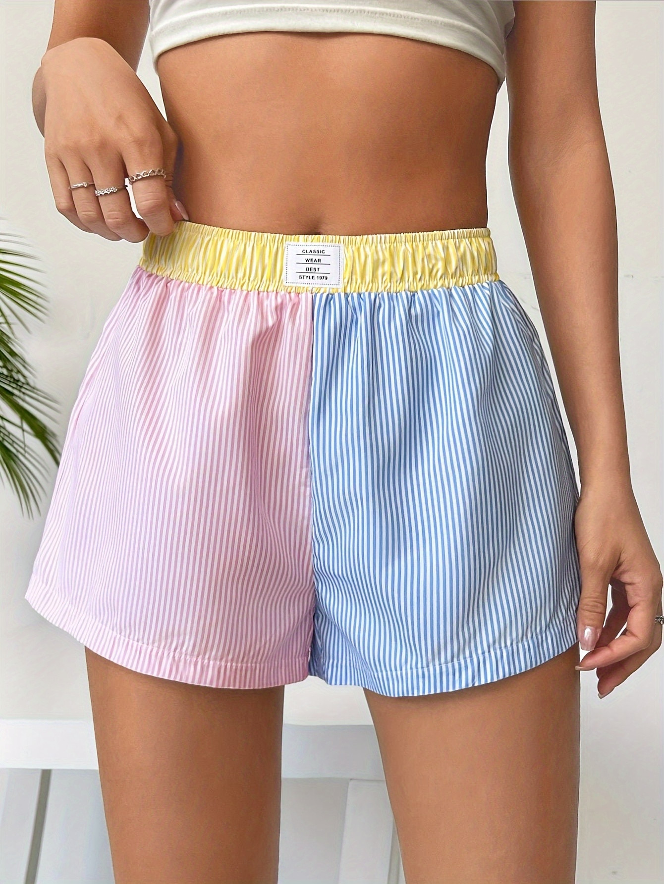 Color Block Elastic Waist Shorts Casual High Waist Shorts - Temu | Temu Affiliate Program