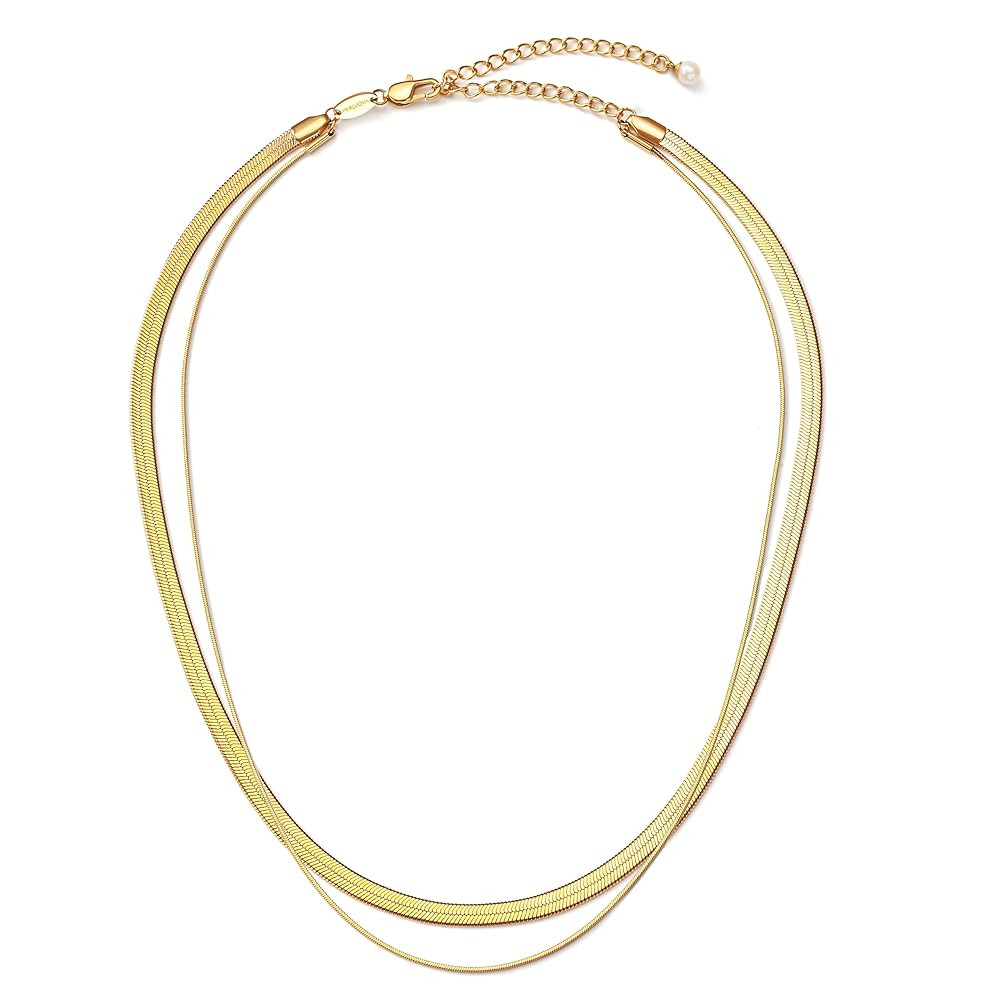 Gold Layered Herringbone Necklace for Women, 18K Gold PVD Coated Stainless Steel Double Chain Nec... | Amazon (US)