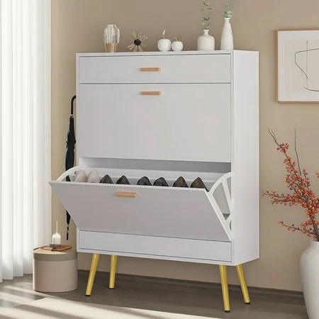 Ktaxon White Shoe Cabinet with 2 Flip Drawers, 16 Pairs Capacity, Wood Narrow Design for Entryway | Walmart (US)