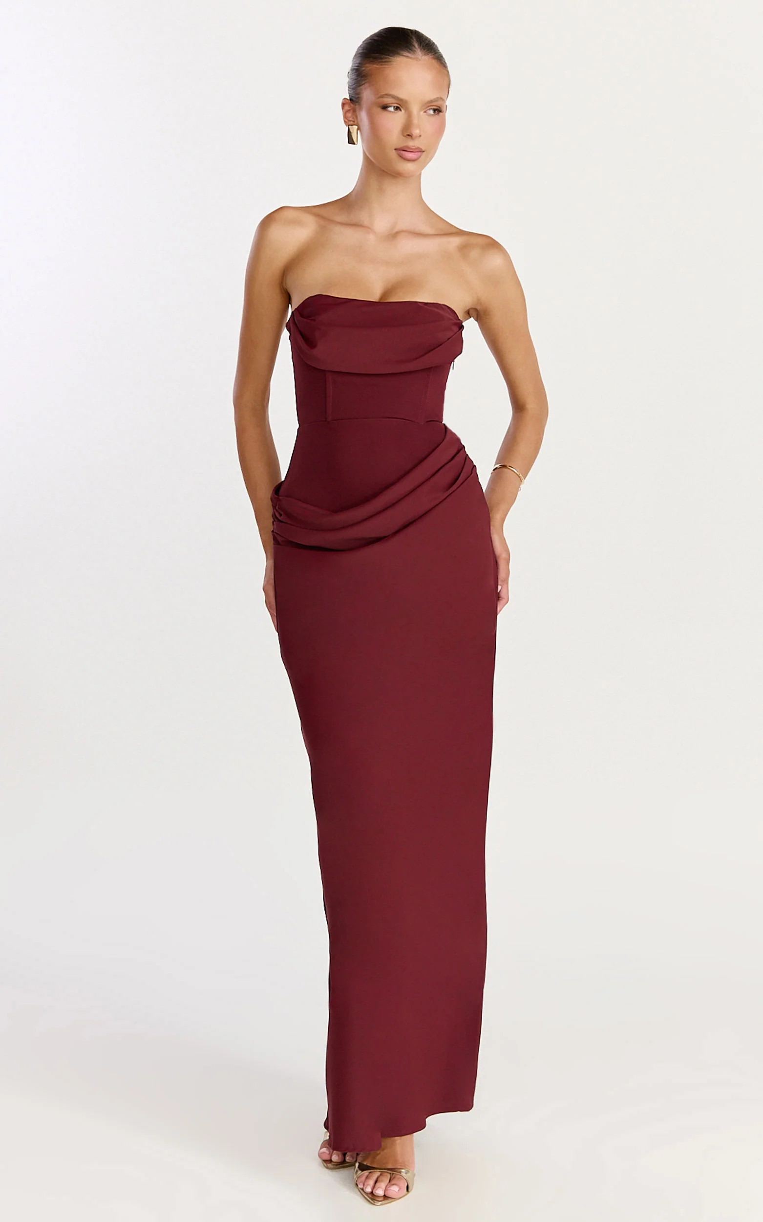 Phoebe Maxi Dress - Strapless Structured Bodice Drape Skirt Dress in Wine | Showpo (US, UK & Europe)
