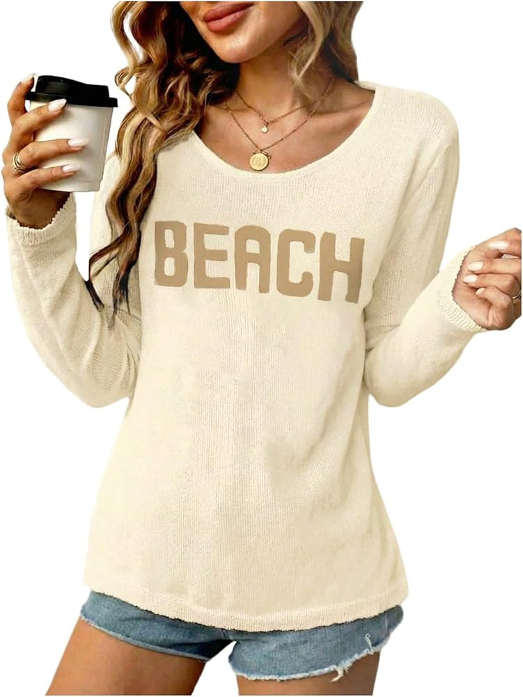 COZYEASE Women's Beach Cover Up Letter Print Long Sleeve Sweater Crew Neck Split Hem Crochet Jump... | Amazon (US)