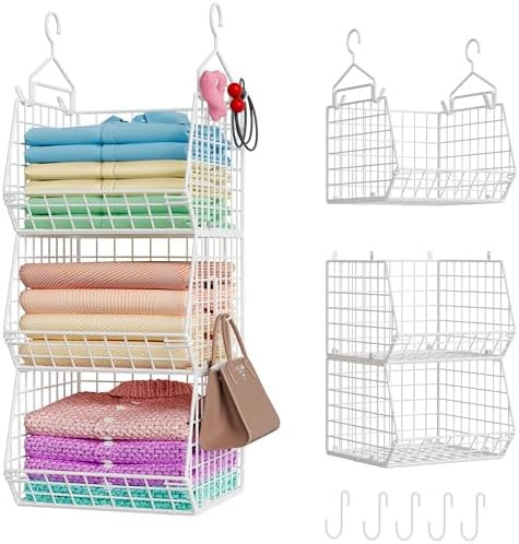 X-cosrack 3 Tier Foldable Closet Organizer, Clothes Shelves with 5 S Hooks, Wall Mount&Cabinet Wi... | Amazon (US)