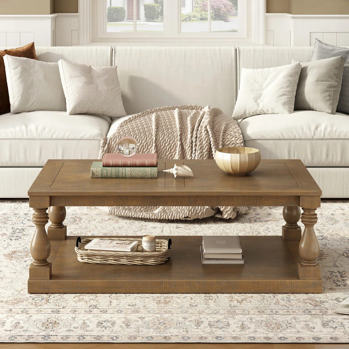 Vintage Coffee Table Featuring Artistic Vase Column Legs and Luxurious Pine Veneer for Timeless C... | Wayfair North America