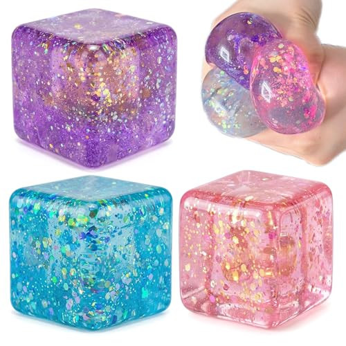 3 Pack Glitter Cube Sugar Stress Ball Squishy Toys, Colorful Squishy Stress Balls for Kids and Adults, Glitter Cube Sugar Ball Squeeze Toys, Party Favors | Amazon (US)