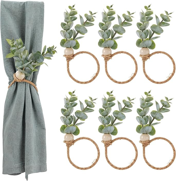 Amabro Napkin Rings Set of 6, Rustic Farmhouse Boho Green Leaf Eucalyptus Wood Bead Napkin Rings ... | Amazon (UK)