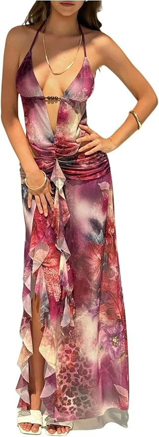 Milumia Women's Floral Tie Dye Print Halter Maxi Dress Sexy Deep V Neck Mesh Ruffle Slit Hem Summ... | Amazon (US)