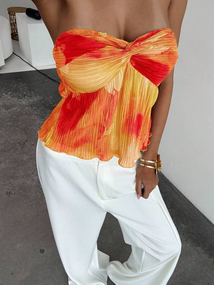 Aloruh Romantisches Date Night/Urlaubs Bandeau, Bodycon Crop Top, Batik Plissierter Stoff, Für Damen, Frühling/Sommer | SHEIN