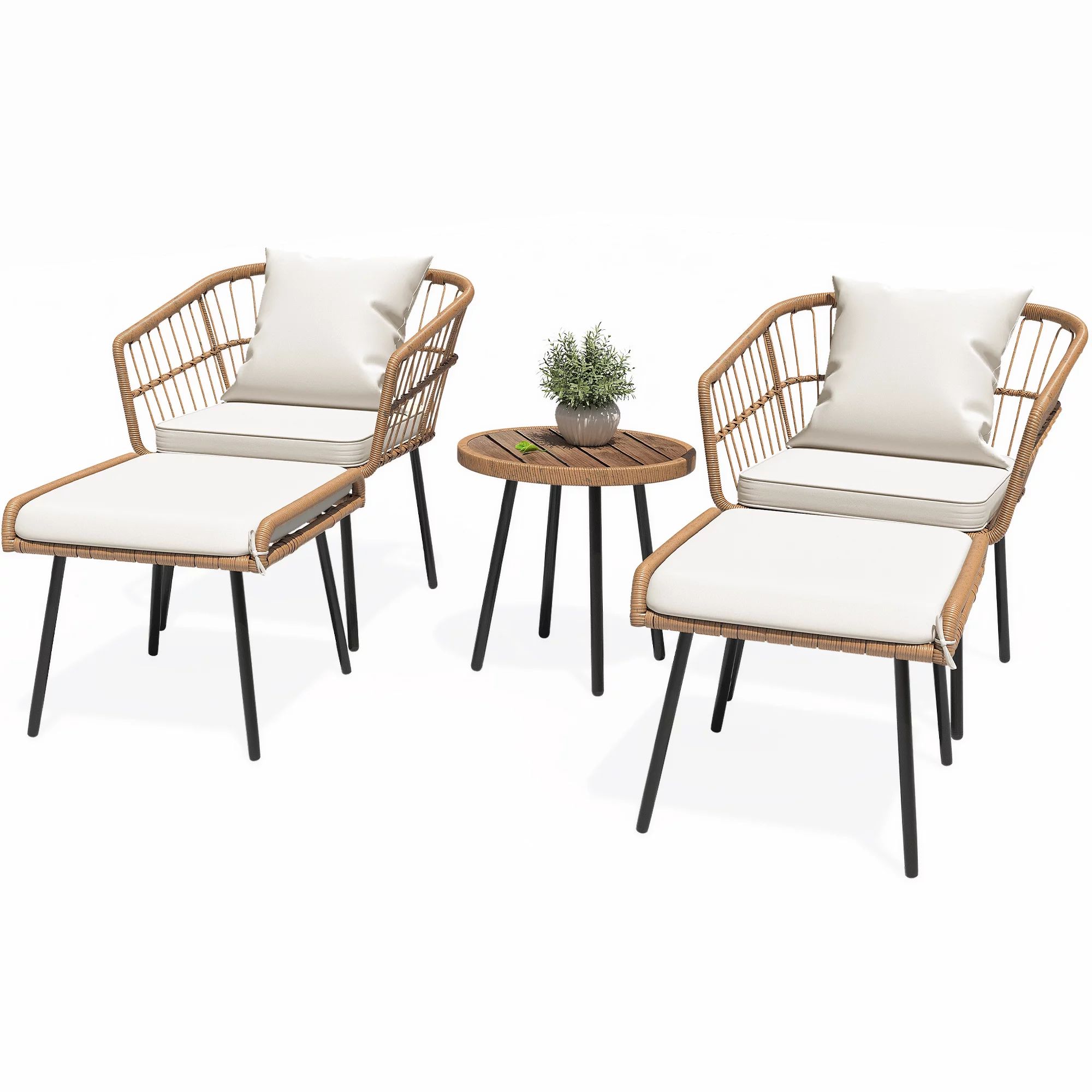 Dextrus 5-Piece Outdoor Wicker Furniture Set, 2 Outdoor Patio Chairs With 2 Ottomans and Coffee T... | Walmart (US)