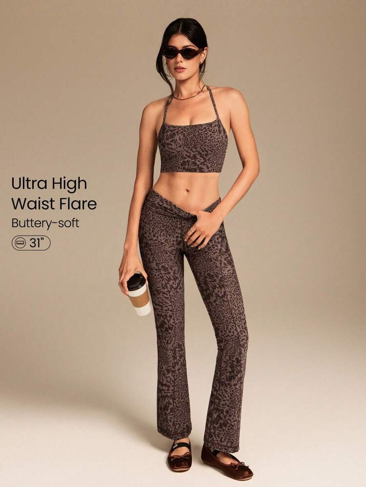 GLOWMODE 31" FeatherFit™ Leopard Ultra-High-Waisted Curved Seam Flared Leggings Pants Low Impact Yoga Pilates Daily Spring Summer | SHEIN